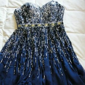 Sherri Hill Navy Blue Strapless Sequined Dress